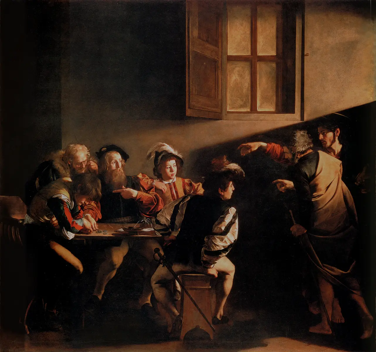 Christ points to Matthew at the tax collector's table, in a shaft of light