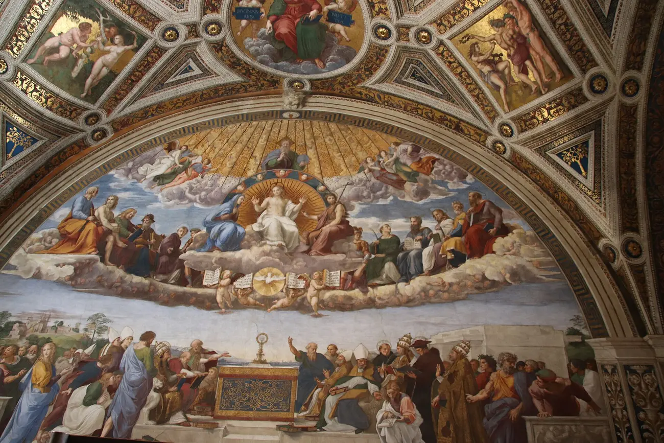 Saints and doctors of the Church gathered around the Blessed Sacrament on the altar, with heaven open above