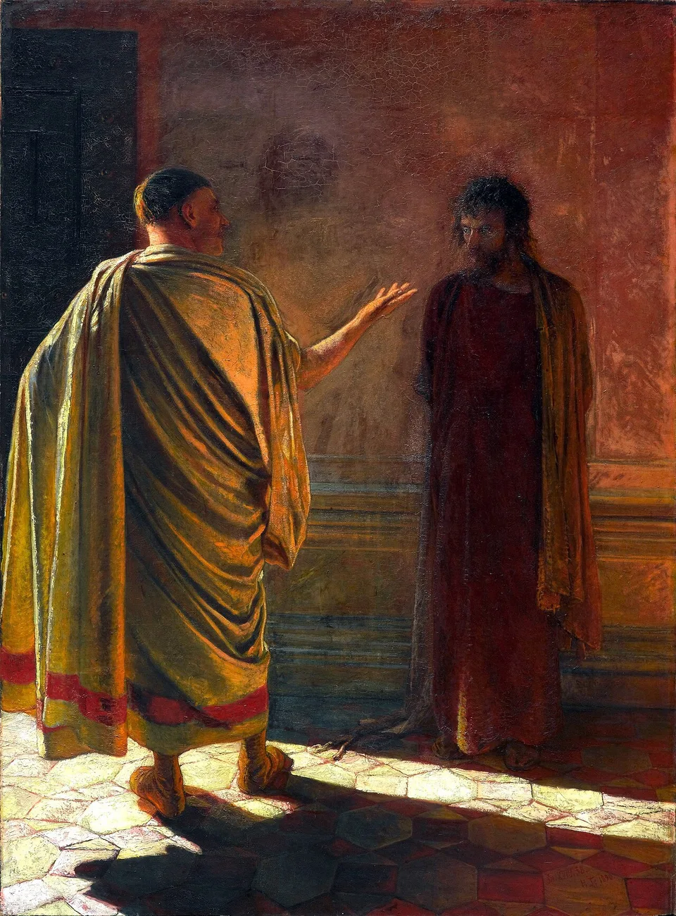 Pilate, his back to us in the sunlight, asks Christ, who stands silent in the shadow, “What is truth?”